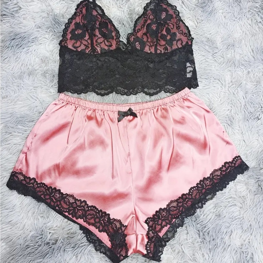 Sexy Solid Satin Contrast Lace Pajama Set